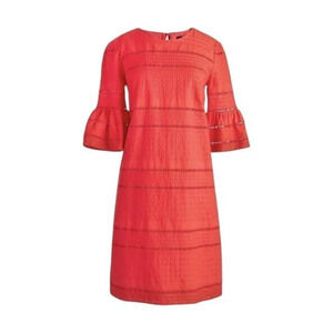 J.Crew Dress Size 14 Bright Coral Eyelet Flutter Sleeve Textured Shift Tie Back
